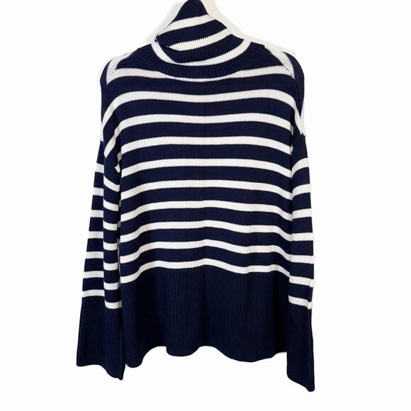 GAP NWT 24/7 Split‑Hem Stripe Turtleneck Sweater Women’s Medium 100% Cotton Navy - Picture 1 of 12